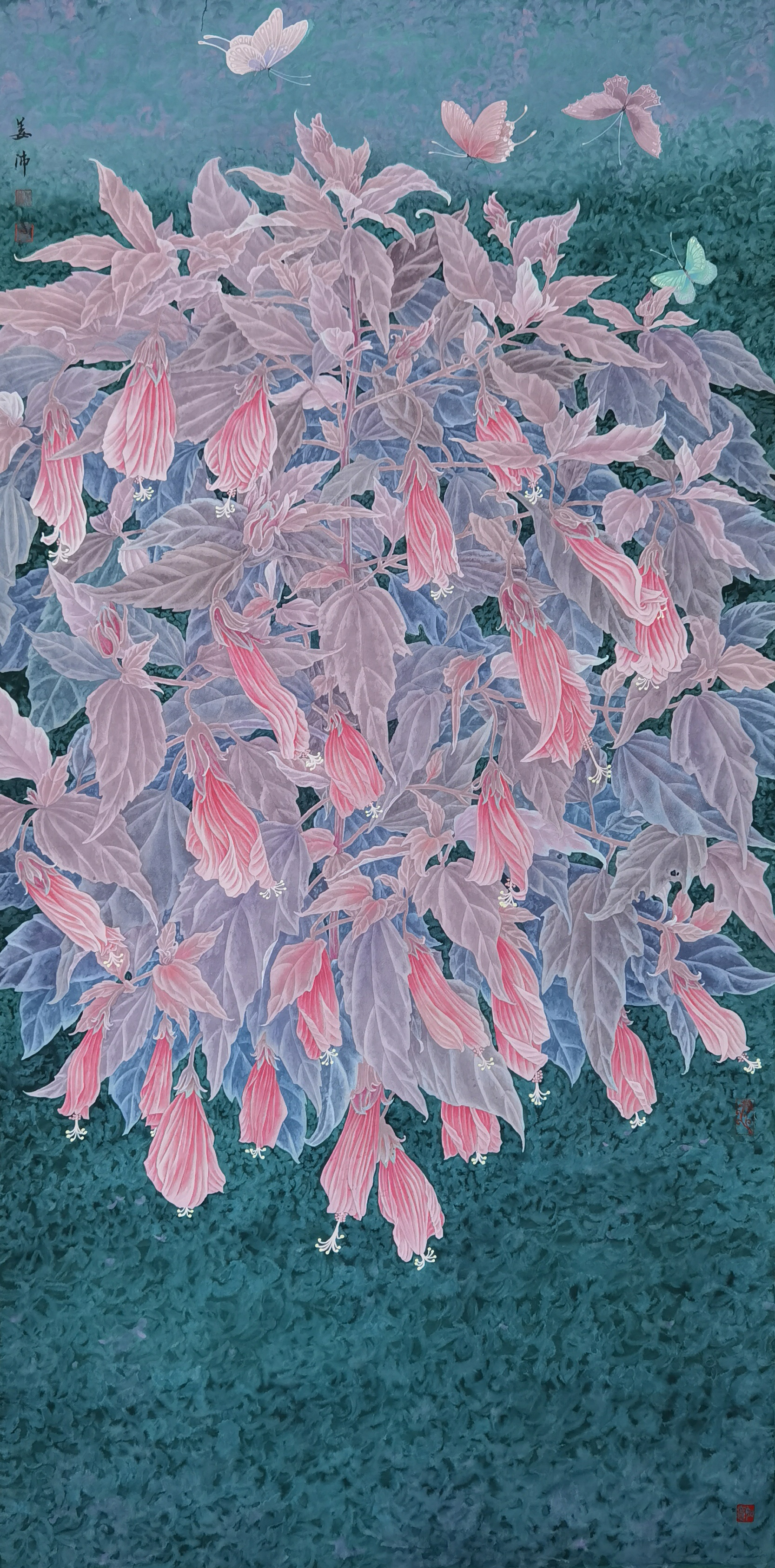 风吹悬铃动  蝶舞奇花香 ，中国画，136x68cm纸本.jpg